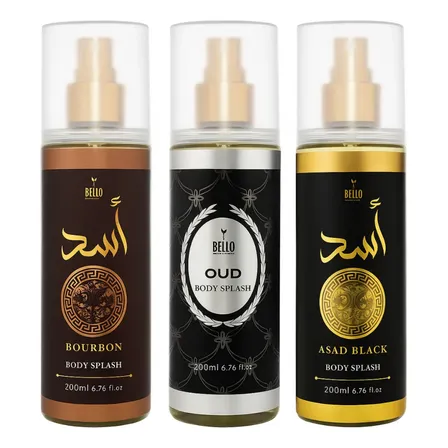 3 Body Splash Árabe Masculino Bourbon Oud  Asad Black 200ml