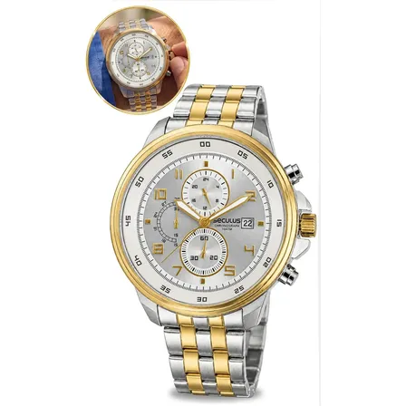 Relógio De Pulso Seculus Com Corria De Aço Inoxidável Cor Prateado Com Detalhes Dourados - Fondo Branco - Bisel Dourado