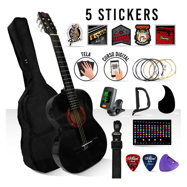 Kit De Guitarra Acústica Con Accesorios + Stickers Color Negro Material del diapasón Álamo Orientación de la mano Zurdo
