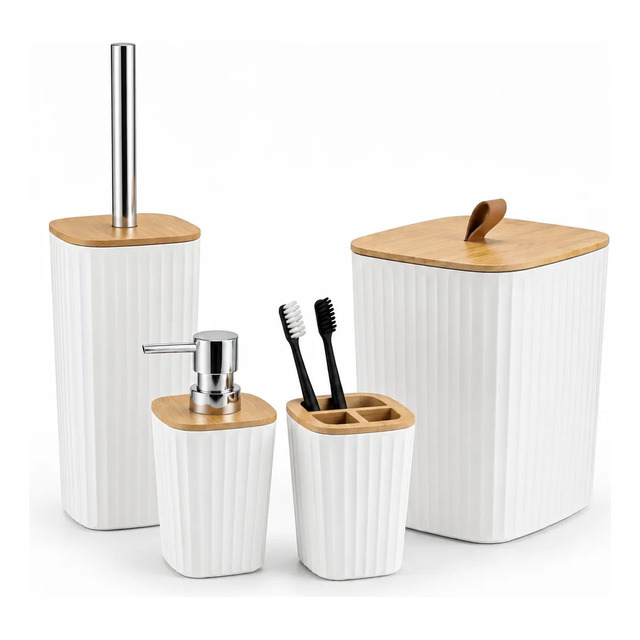 Kit 4 Pcs Banheiro Lavabo Lixeira Porta Escova Luxo Bambu Branco