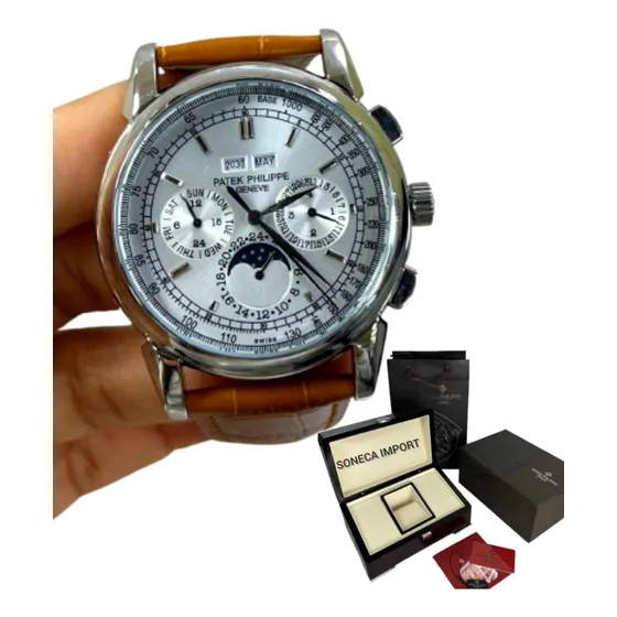 Relógio Masculino Patek Automático Pulseira Couro Luxo Marrom Prateado Branco (Recondicionado)