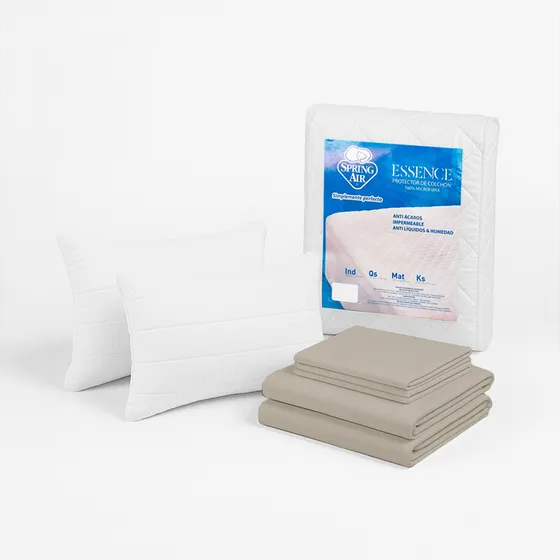 Kit De Descanso Spring Air 2 Almohadas + Protector + Sábanas Kaki Liso King