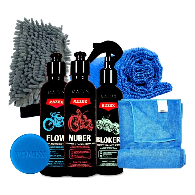 Kit Para Lavagem De Moto Shampoo Flow Nuber Bloker Razux