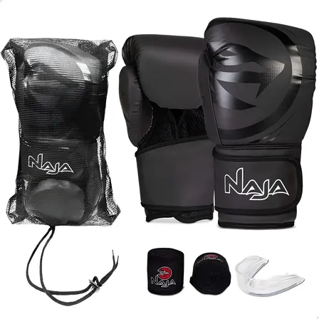 Kit Luva De Boxe E Muay Thai Naja Black Line Com Bucal E Bandagem - Preto 16oz