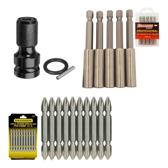 Adaptador Llave Impacto + Puntas Ph. + Extensiones Vaso Hex.