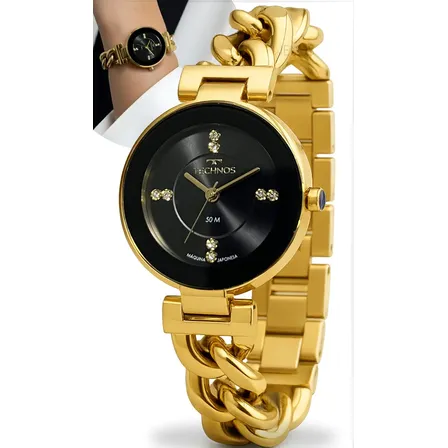 Relógio De Pulso Relojoaria Wênus Com Corria De Aço Inoxidável Cor Dourado - Fondo Preto