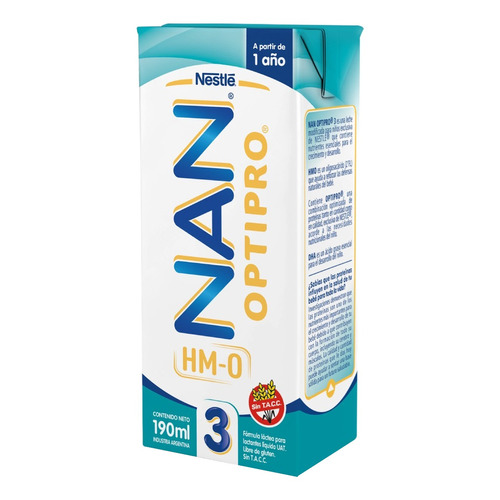 Leche de fórmula líquida Nestlé Nan Optipro 3  en brick 24 unidades de 190mL a partir de los 12 meses