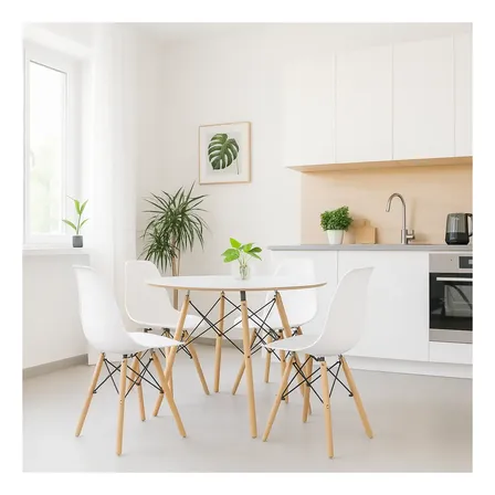 Conjunto Mesa Eames Branca 90cm E 4 Cadeiras Eames Pp Branca Branco Madeira-clara