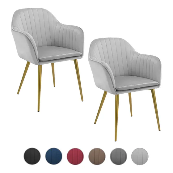 Set 2 Sillas Comedor Tapizadas Terciopelo Patas Doradas Estructura De La Silla Dorado Asiento Gris Diseño De La Tela Rayas