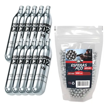 Kit Com 1000 Esferas De Aço 4.5mm + 10 Cilindros Co2 12g 4.5mm