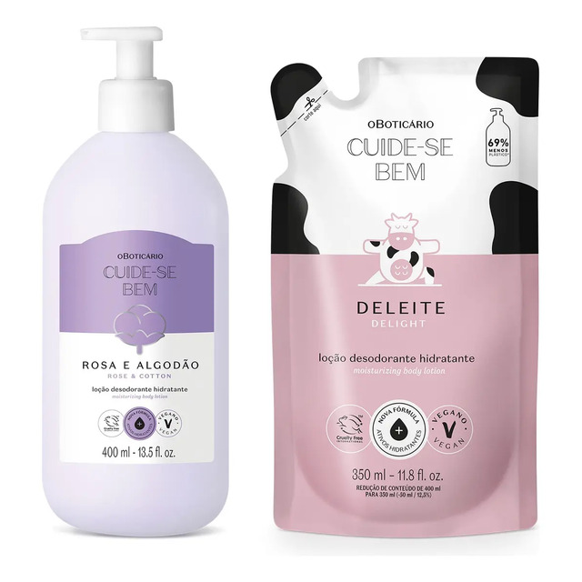 Combo O Boticário contendo uma loção corporal Rosa e Algodão com pump e um refil de loção hidratante Deleite em embalagem flexível