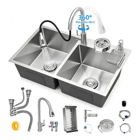 Fregadero De Acero Inoxidable Plateado 80X45X22Cm: Tarja Doble Para Cocina, Tipo Empotrar Y Kit Con Organizador