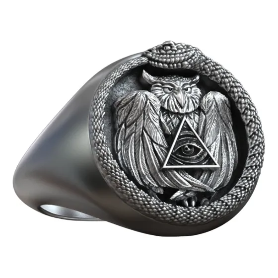 Anel Prata 925 Ouroboros Coruja Illuminati Maçom Maçonaria