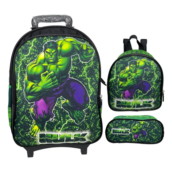 Kit Mochila Escolar Com Rodinhas, Hulk, Masculina