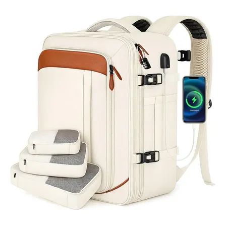 Mochila De Viagem Feminina Expansível Impermeável Antifurto Com Porta Usb, Mochila Para Notebook 17,3 Polegadas Com 3 Bolsos, Mochila De Mão Aprovada Para Avião 10kg, Vancropak 6649 Branco