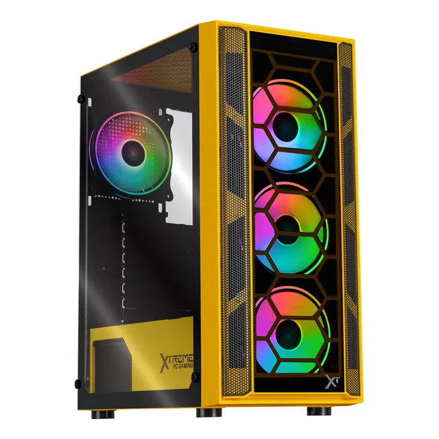 Gabinete Gamer XTREME PC GAMING Kronos Media Torre ATX 4 Fan ARGB Cristal Templado Amarillo