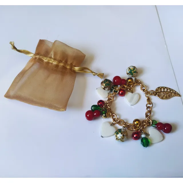 Pulsera De Bisutería Con Dijes Varios, Corazón, Hojas, Nueva