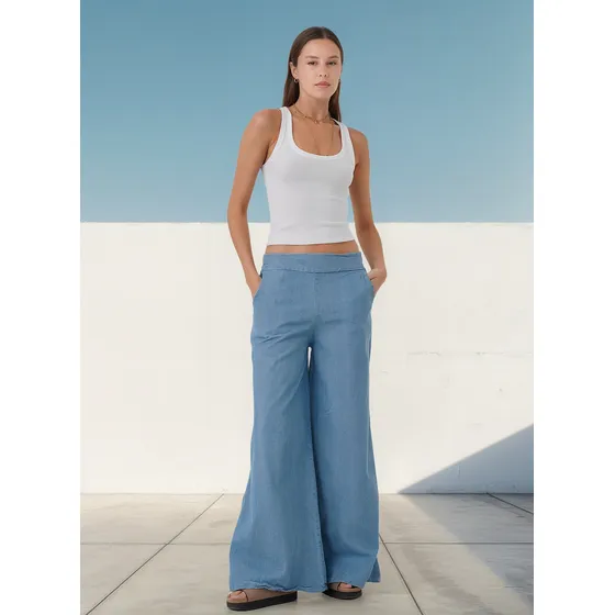 Pantalón Maxi Palazo Denim Blue Jean Con Tajo 8964 Arizona