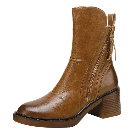 Botas Cortas Marrones Tacón Grueso Botas De Cuero Britán [u]