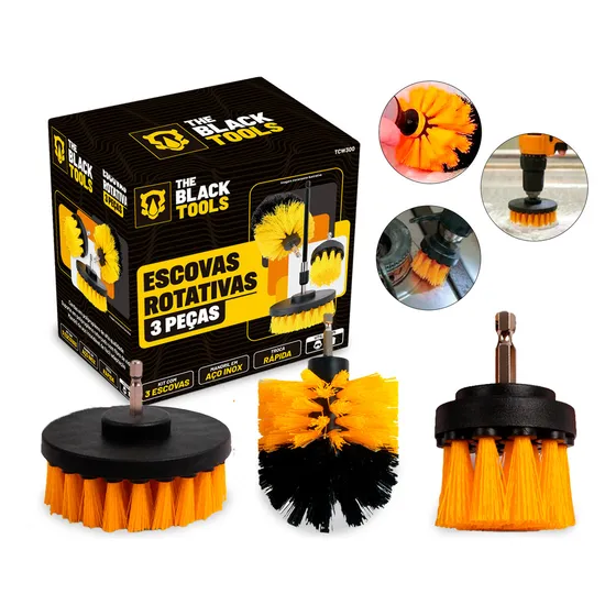 Kit 3 Escovas De Limpeza Pesada Tcw300 The Black Tools Para Parafusadeira Furadeira