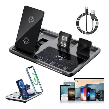 Suporte De Carregador Sem Fio 5 Em 1 Para Celular Smartwatch Fone iPhone Relógio Fone De Ouvido Estação De Carga Rápida Com Relógio E Luz Noturna Pequena para Android iPhone Apple Watch e AirPods