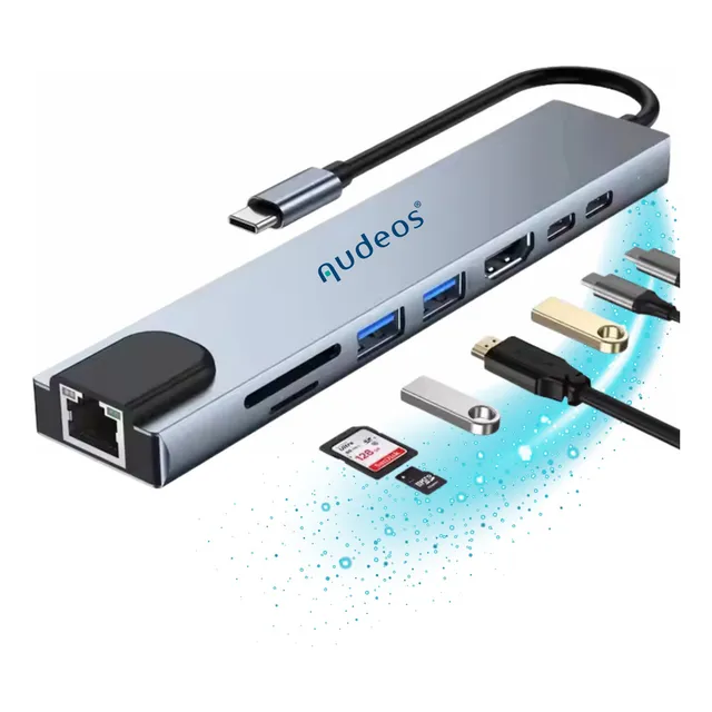 Hub USB C a HDMI RJ45 USB 2.0 y 3.0 Adaptador Extensor Multipuerto 8 EN 1 OTG para MacBook Laptop Notebook y Celulares con HDMI 4K y Carga Rápida por Alimentación Externa Plateado Audeos
