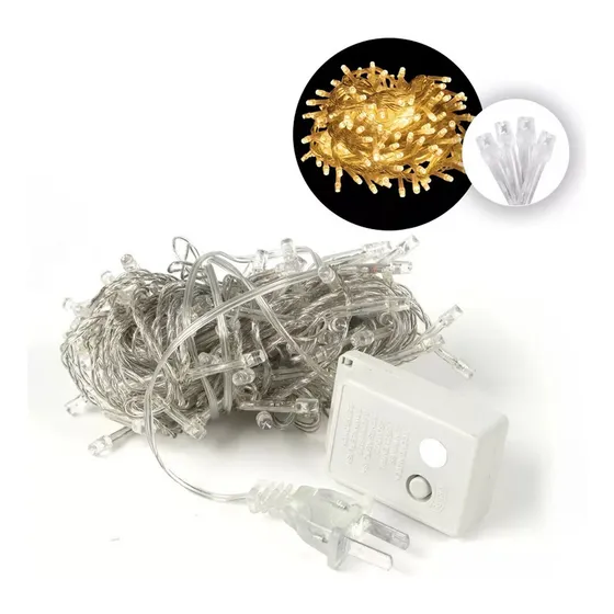 Serie Luces Navideña 100 Led Luz Calida 9.5 Mts 8 Modos Cable Transparente Decorativa