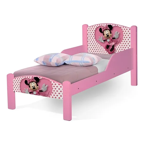 Mini Cama Juvenil Da Minie Rosa  - Pés Em Madeira