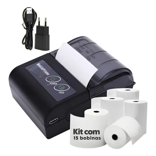 Mini Impressora Termica Portatil Bluetooth Kit C/ 15 Bobinas