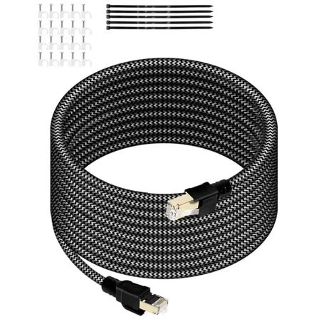 Cabo de rede circular de cobre puro trançado de nylon Cat8 de 30 metros, 40 Gbps, 2000 MHz