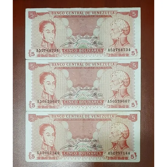 Tres Billetes Venezolanos De 5 Bolivares. Antiguos. 