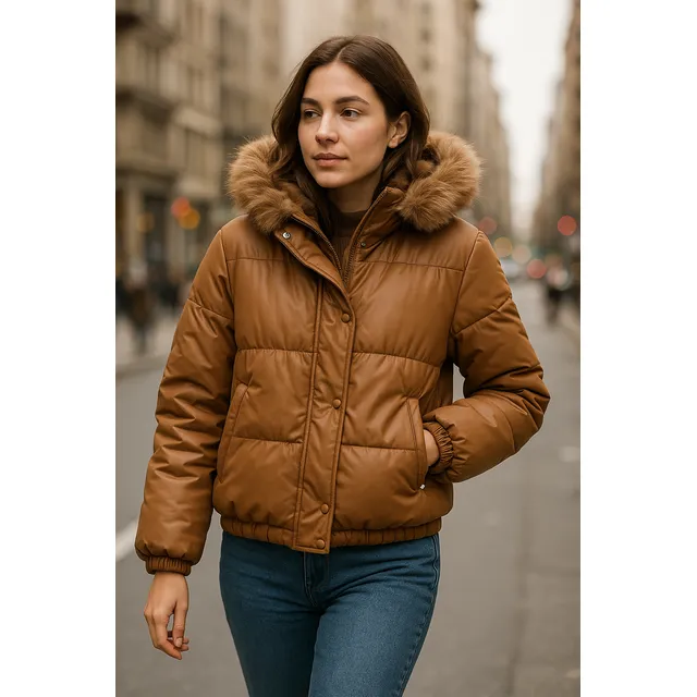 Campera Puffer Engomada Con Interior Piel Y Capucha Abrigo