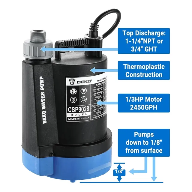 Dekopro Bomba De Agua Sumergible De 1/3 Hp 2450gph