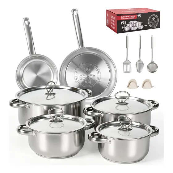 Bateria Cocina Cacerolas 15 Piezas Juego De Ollas Acero Inox