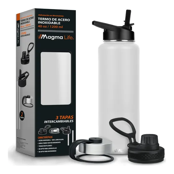 Termo Para Café Y Agua 3 Tapas 40 Oz Acero Inoxidable 1.2 L Color Blanco