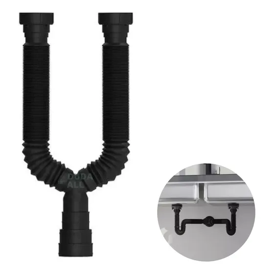 Sifão Preto Extensivo Flexível Duplo Universal Dudall 2 Saídas Para Pia Lavanderia Cozinha