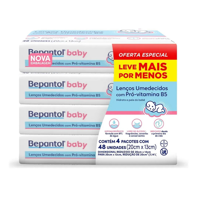 Embalagem promocional contendo 4 pacotes de lenços umedecidos Bepantol Baby, totalizando 192 unidades com destaque para a fórmula com Pró-vitamina B5.
