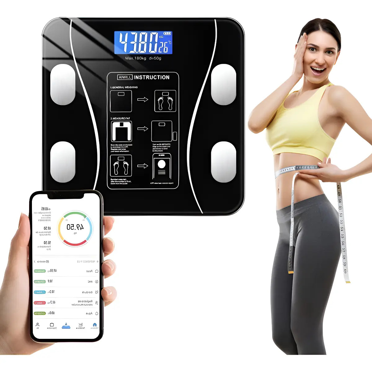 Balança Digital Corporal Bioimpedância, Display Lcd Bluetoot