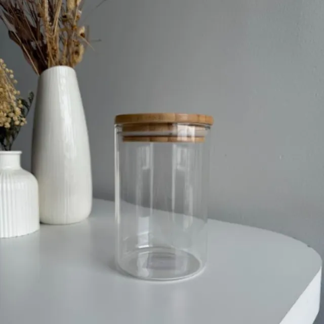 Frasco De Vidrio Con Tapa De Bambu Medida 12cm