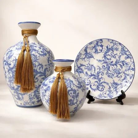 Conjunto Porcelana Decorativo Vaso Mesa Prato Enfeite Sala Azul Colonial