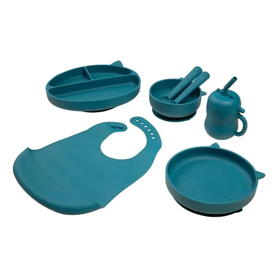 Set De Alimentación De Silicona Carestino Gatito Color Petroleo