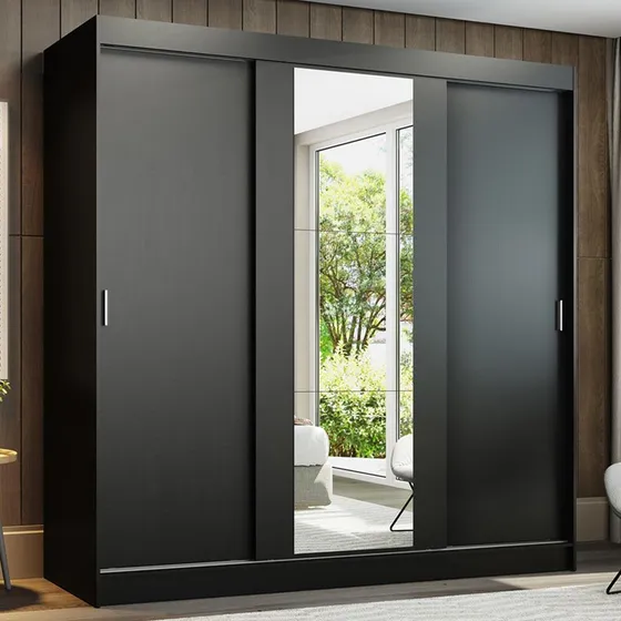Guarda-roupa Casal Armário Quarto Madesa Reno 3 Portas Correr Espelho Preto 1095H91E