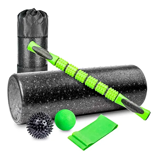 Set Cilindro Yoga Foam Roller Con Barra Y Pelotas Pequeñas Color Negro