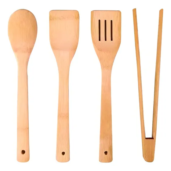 Set De 4 Utensilios Bambu Pinza 2 Espatulas Y Cuchara Color Madera