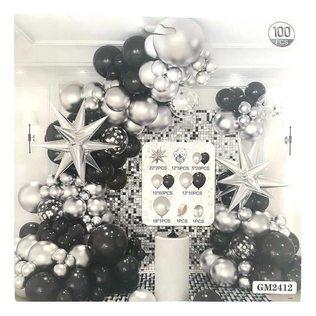 Kit 100 Pcs Balão Estrela Sputnik Bexiga Cromada Prata Preto Kit 100 Pcs Balão Estrela Sputnik Bexiga Cromada Prata Preto