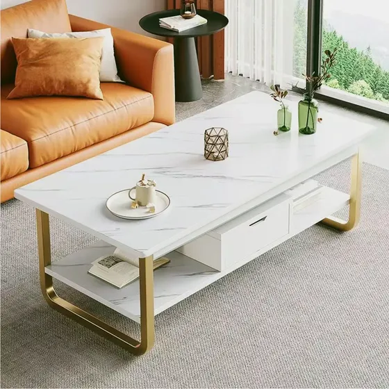Mesa De Centro Minimalista Moderna Oficina 2 Capas Con cajón, Mesa Auxiliar Para Sala Moderna.Mesa Mesas Centro Patas de metal Mesa Centro Lateral,Moderna Blanco Mesa De Comedor Antecomedor rectángulo
