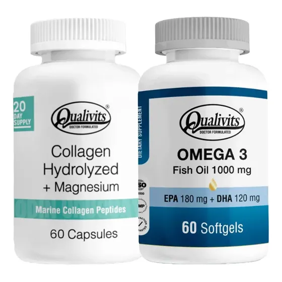 Colágeno Hidrolizado Marino Magnesio 60caps + Omega 3 60caps Qualivits Natural | Cuotas sin interés