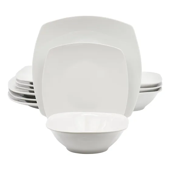 Vajilla Cuadrada De Cerámica Gibson Home Blanca Cafe 12pzs