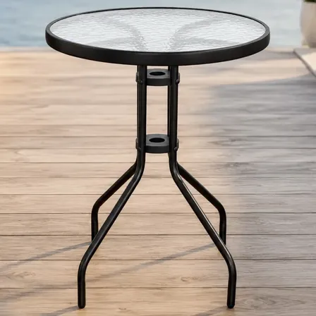 Mesa Redonda Vidro Transparente 60x70cm Pés Estrutura Aço Resistente Área Externa Jardim Sacada Varanda Cor Preto