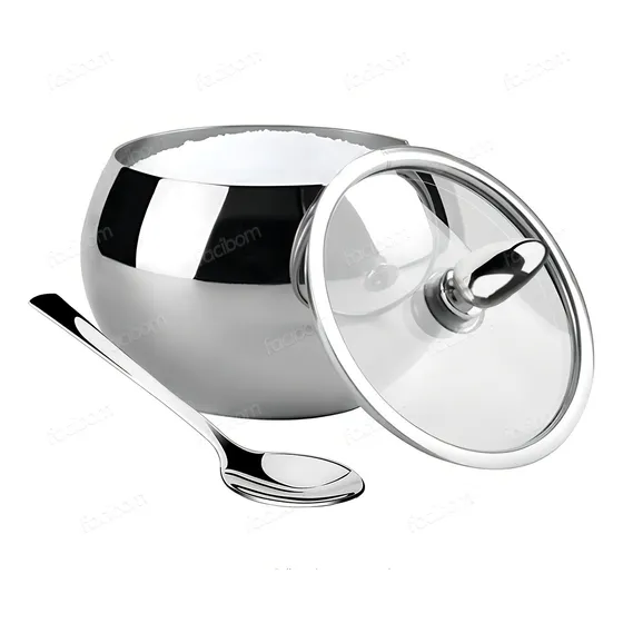 Açucareiro Em Aço Inox Com Tampa De Vidro E Colher Qualidade